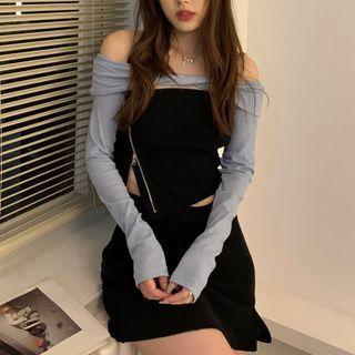 Set: Long-sleeve Off-shoulder Top + Halter Neck Camisole Top + Mini Pencil Skirt