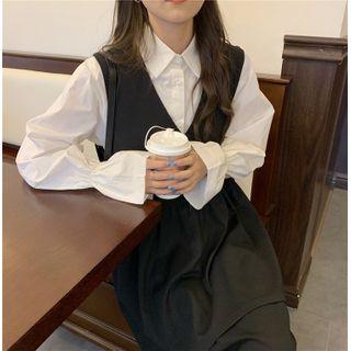 Plain Long-sleeve Loose-fit Blouse / V-neck Tank Dress