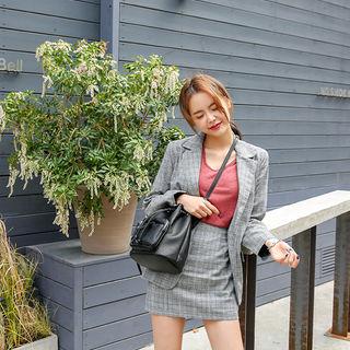 Set: One-button Glen-plaid Blazer + Miniskirt