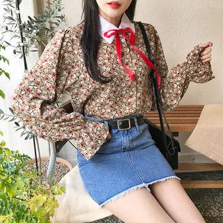 Contrast-collar Puff-sleeve Floral Blouse