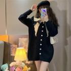 Collared Button-up Knit Mini Dress Black - One Size