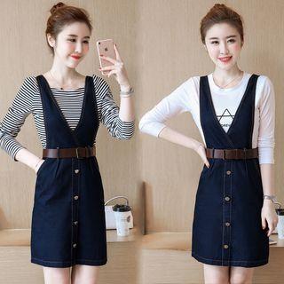 Set: Long-sleeve T-shirt + Buttoned Pinafore Denim Dress