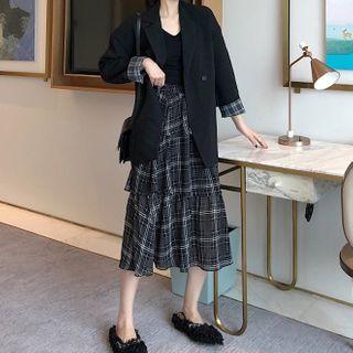 Long Sleeve Plaid A-line Shirtdress / Plain Blazer