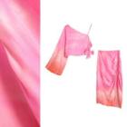 Single Shoulder Tie Dye Long Sleeve Top / Ruched Skirt / Set