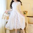 Set: Lace Up Elbow-sleeve Long Light Jacket + Flower Print Spaghetti Strap Midi A-line Dress