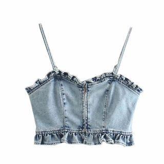 Denim Ruffle Trim Cropped Camisole Top