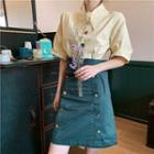 Pointy-collar Plain Shirt / High-waist Buttoned A-line Skirt