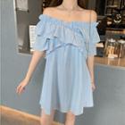 Off-shoulder Ruffle-trim Dress Light Blue - One Size
