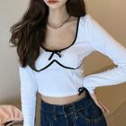 Color-block U-neck Long-sleeve Slim-fit Top White - One Size