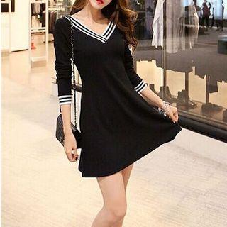 3/4-sleeve Striped-trim Dress