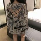 Printed Cutout Long-sleeve Long T-shirt As Shown In Figure - One Size