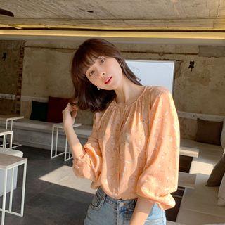 Round-neck Shirred Floral Blouse