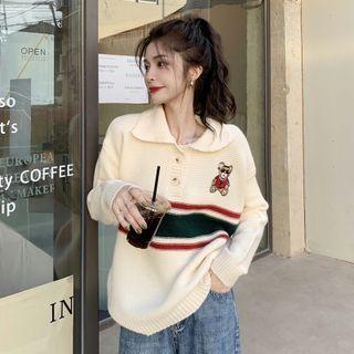 Long-sleeve Polo-neck Bear Print Sweater Almond - One Size