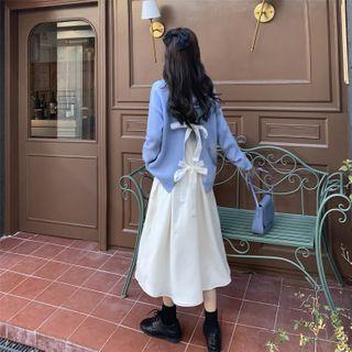 Spaghetti-strap Midi A-line Dress / Slit-back Bow Sweater