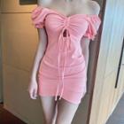Puff-sleeve Off-shoulder Drawstring Mini Bodycon Dress