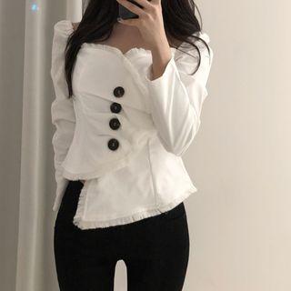 Buttoned Fringed Trim Square-neck Blouse