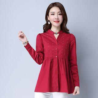 Split-neck Long-sleeve Frilled Blouse