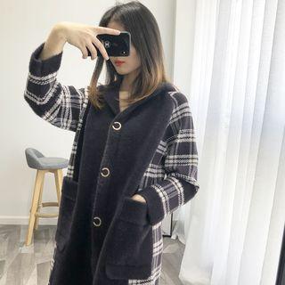 Furry Plaid Panel Buttoned Hooded Knit Coat