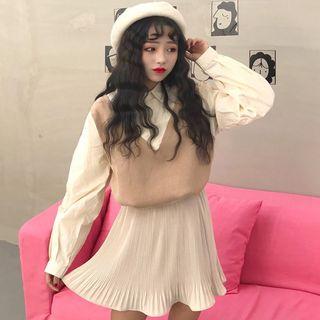 Mock Two-piece Long-sleeve Blouse / Pleated A-line Skirt / Set: Mock Two-piece Long-sleeve Blouse + Pleated A-line Skirt