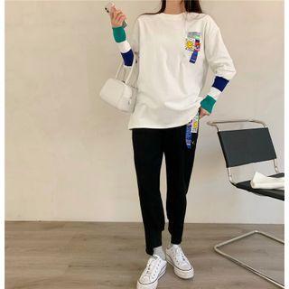 Lantern-sleeve Applique Color Block T-shirt / High-waist Applique Drawstring Sweatpants
