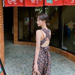 Paisley Long Pinafore Dress Navy Blue - One Size