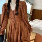 Puff-sleeve Lace-up Floral A-line Dress Brick Red - One Size