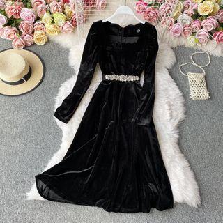 Plain Velvet Round-neck Dress