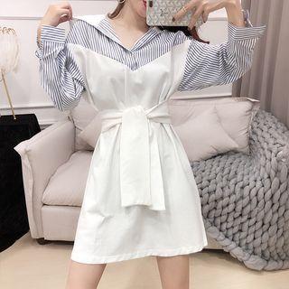 Mock Two-piece Striped Panel Hooded A-line Dress