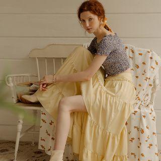 Asymmetric Shirred Midi A-line Skirt