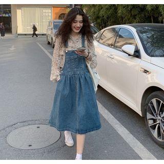 Denim Midi A-line Overall Dress / Floral Blouse / Set