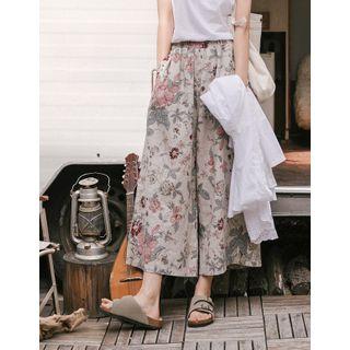 Floral Print Linen Pants Beige - One Size