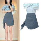 Off-shoulder Shirred Blouse / Shirred A-line Skirt