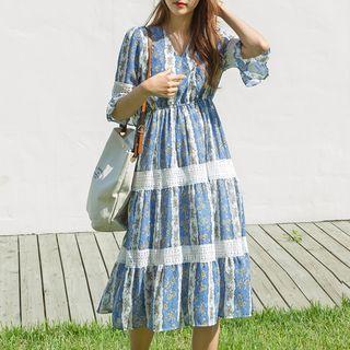 V-neck Lace-trim Floral Long Dress Blue - One Size