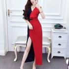 Long-sleeve Two-tone Front-slit Maxi Sheath Dress