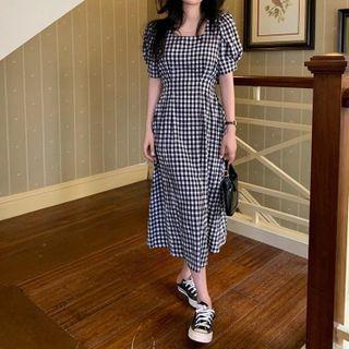 Short-sleeve Gingham Midi Dress Black & White - One Size