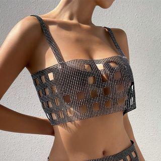 Sleeveless Rhinestone Perforated Crop Top Black - One Size