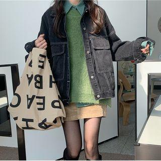 Plain Sweater Vest / Long-sleeve Shirt / Mini A-line Skirt / Denim Jacket