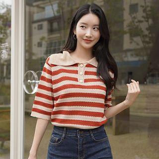 Wide-collar Stripe Knit Polo Shirt