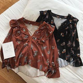 Floral Printed V-neck Chiffon Long-sleeve Top