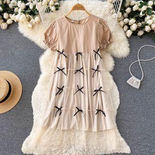 Puff-sleeve Round-neck Bow Panel Mesh Dress