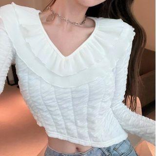 Long-sleeve V-neck Frill Trim Asymmetrical Crop Top