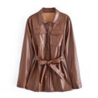 Tie-waist Faux Leather Shirt Jacket