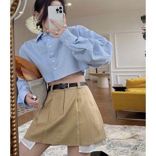 Long-sleeve Plain Cropped Shirt / Plain Mini Skirt
