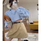 Long-sleeve Plain Cropped Shirt / Plain Mini Skirt