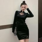 Long-sleeve Lace-up Mini Bodycon Qipao Dress Black - One Size