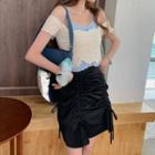 Spaghetti Strap Top / Off-shoulder T-shirt / Drawstring Mini Fitted Skirt