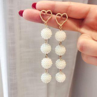 Heart Faux Pearl Drop Earring 1 Pair - Drop Earring - Silver Pin - Love Heart - Faux Pearl - Long - White - One Size
