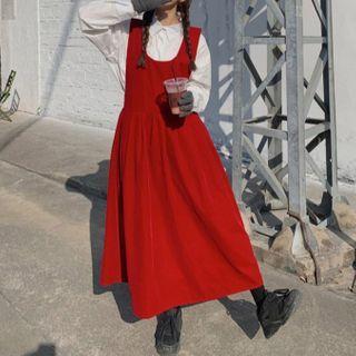 Reversible Midi Pinafore Dress Red - One Size