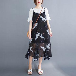 Set: Short-sleeve T-shirt + Spaghetti Strap Print Dress