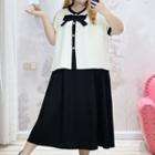 Plus Size Set: Short-sleeve Bow Top + Midi A-line Skirt